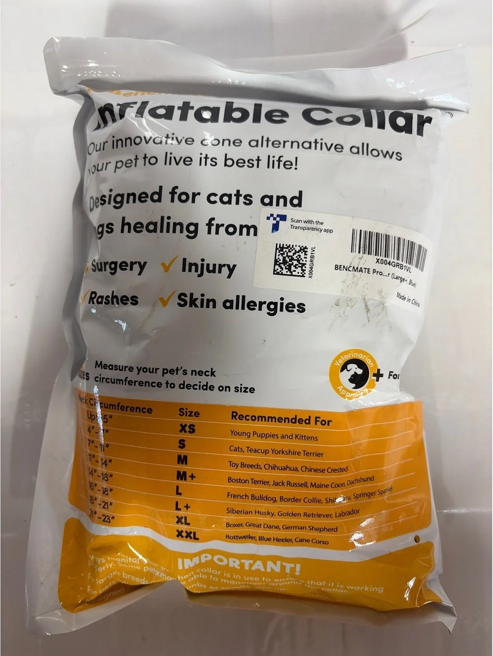 Bencmate Inflatable Protective Collar for Cats and Dogs, Size L+
